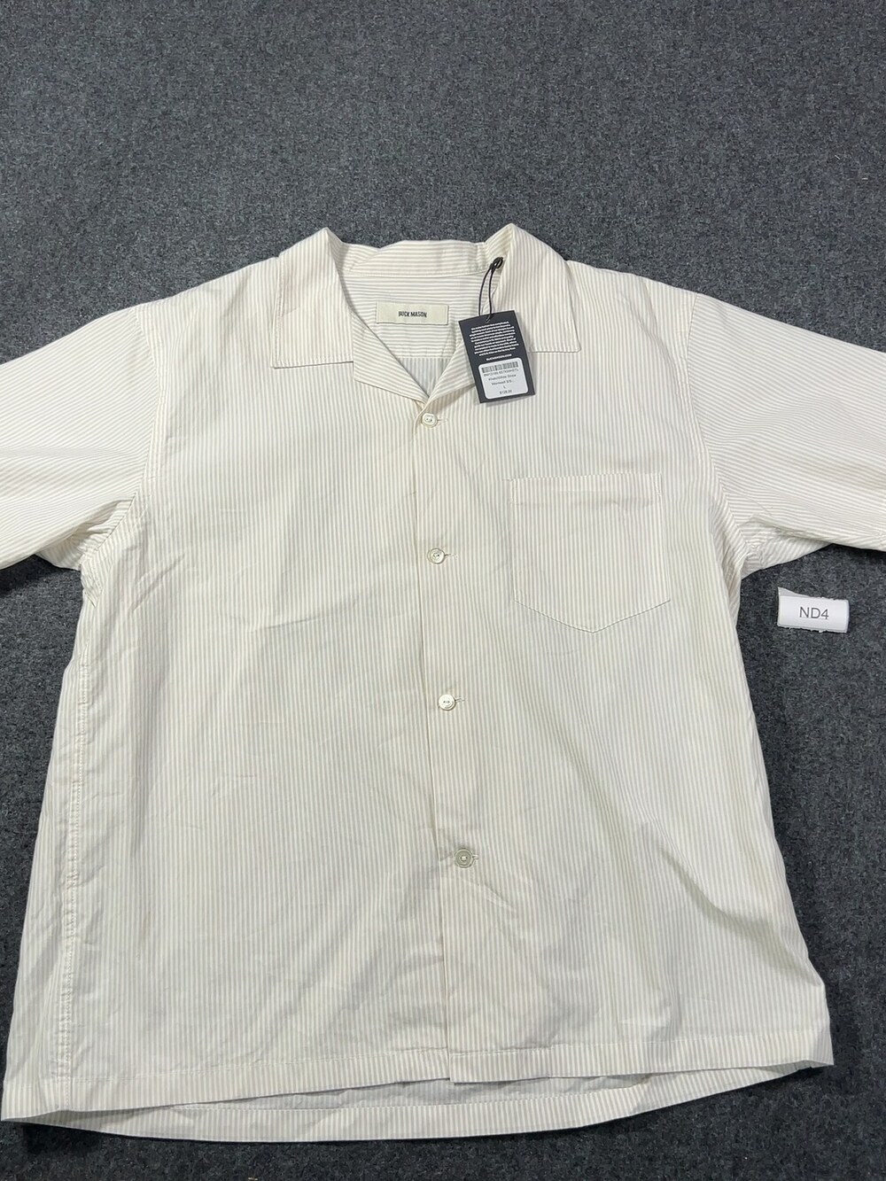 Buck Mason Khaki/White Stripe Wornwell S/S Camp Shirt Large NWI Msrp128 [ND4]